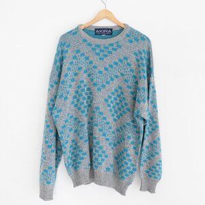 VTG '90S Akira Gray Teal Block Pattern Eclectic Grandpa Knit Crew Neck Sweater L